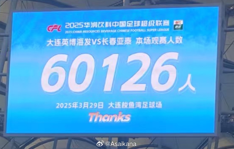 大連英博和長春亞泰吸引60126名觀眾現場觀戰，中超歷史排名第二